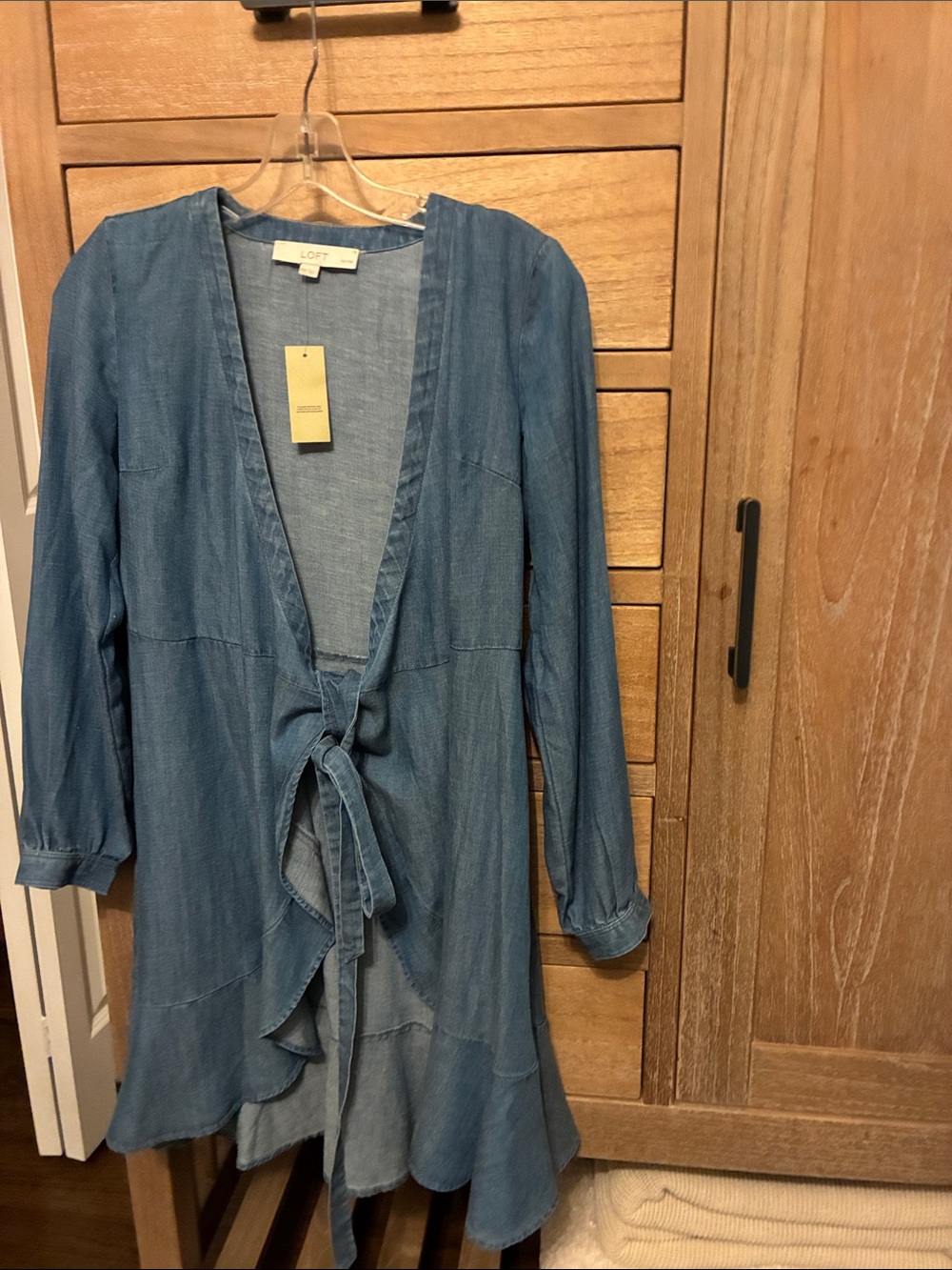 LOFT Petite Blue Denim Tie-Front Long Sleeve Dress